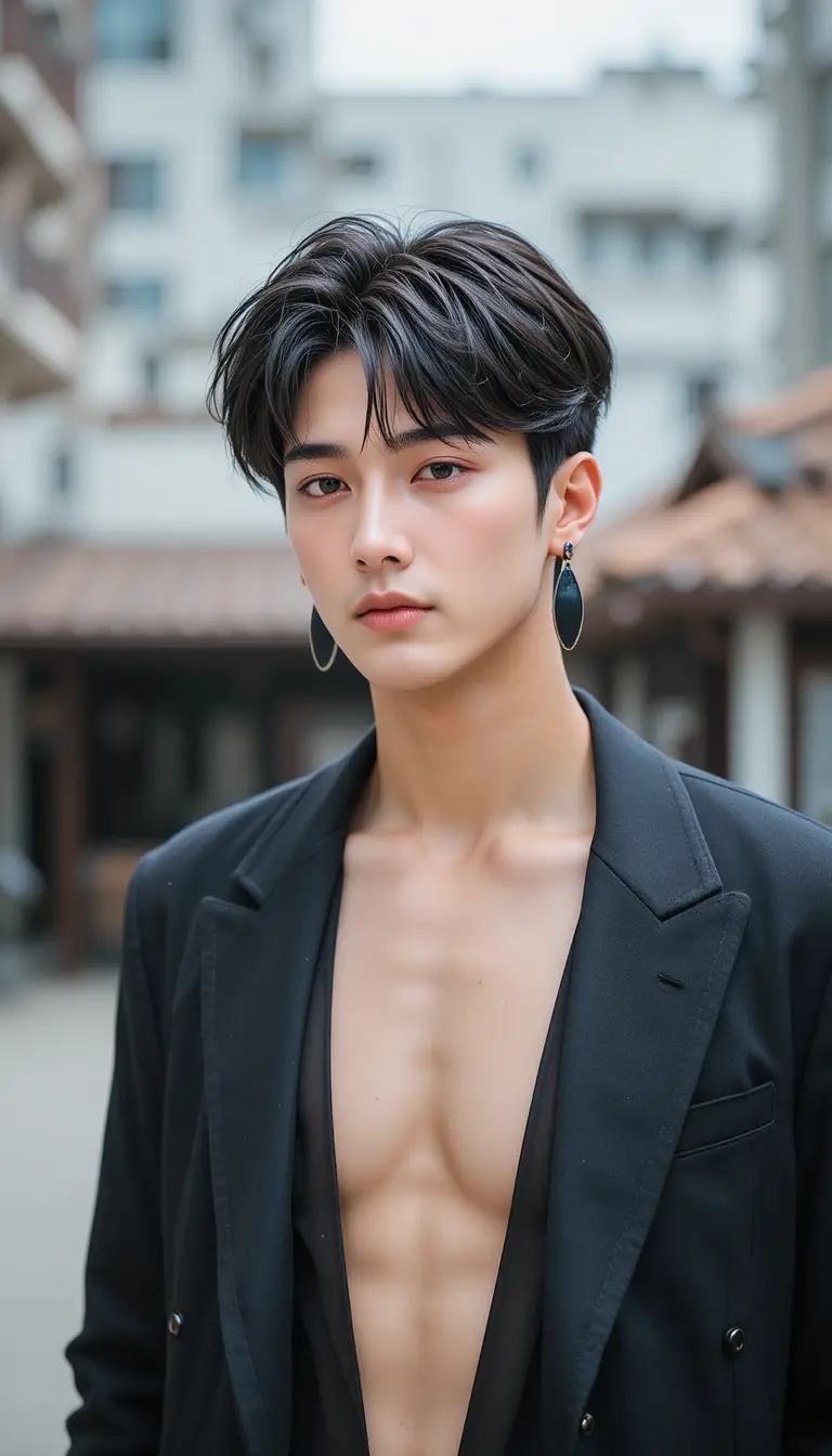 Stylish young Korean man in outdoor portrait