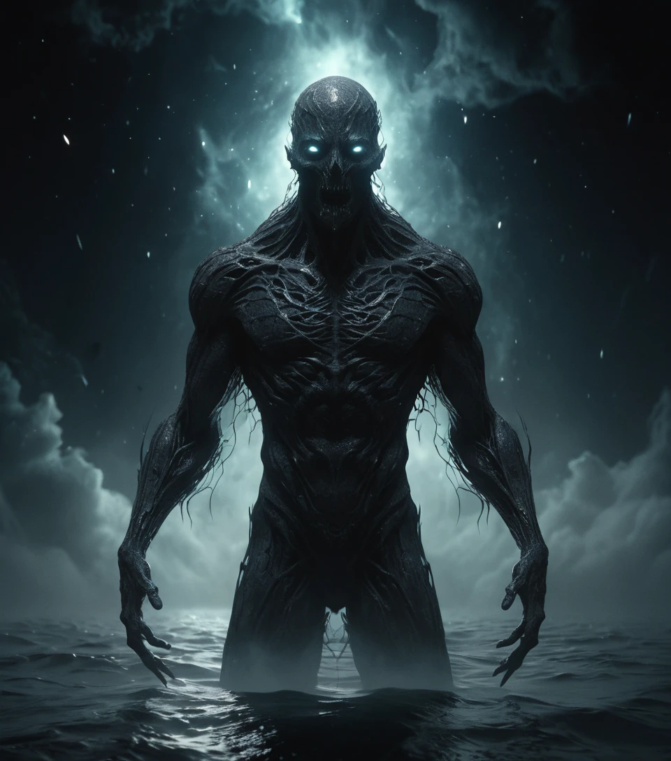Antigo monstro cósmico surgindo de um oceano negro