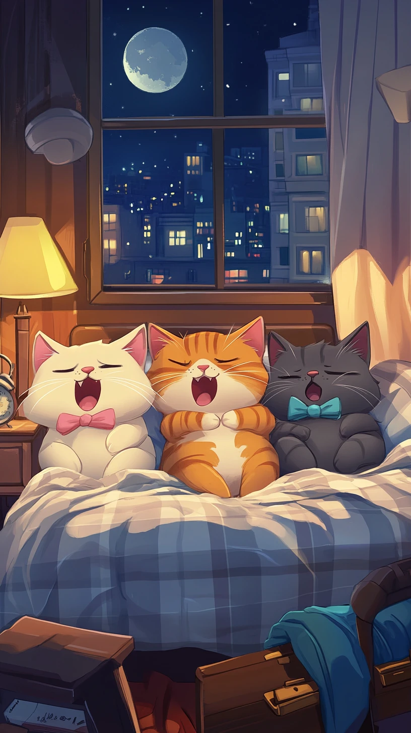 Drei Cartoon-Katzen schlafen zusammen in einem gemütlichen Hotelbett