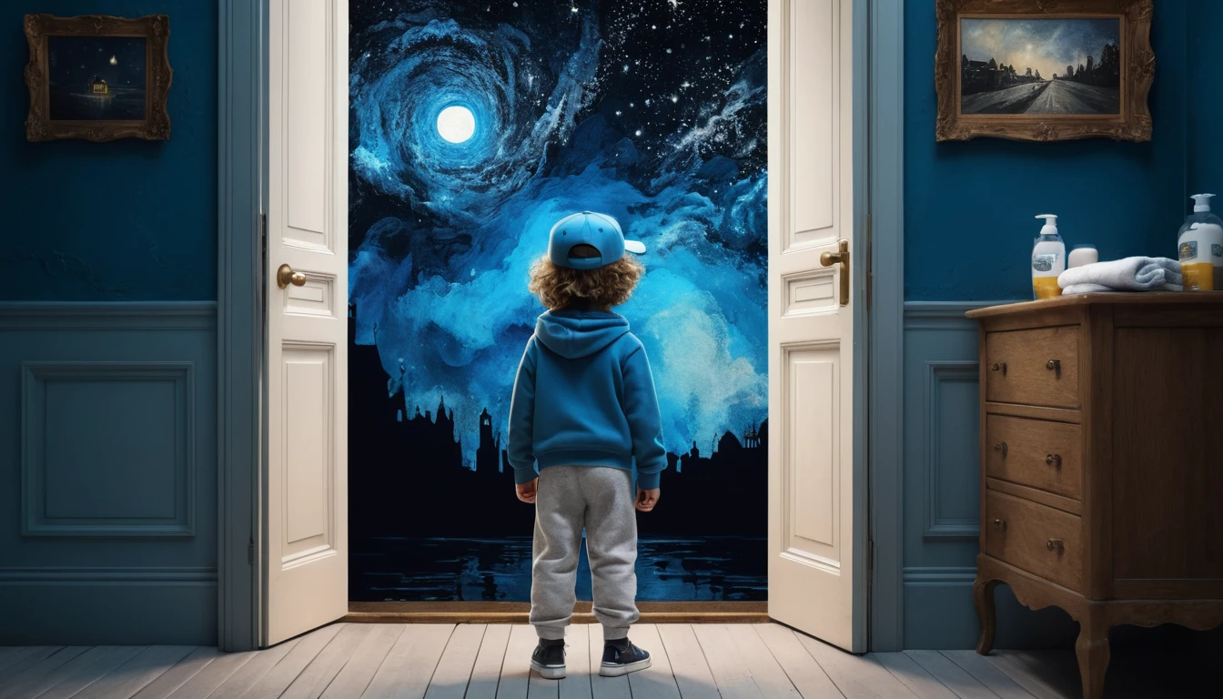 Bambino che osserva un portale magico stellato nell’oscurità del bagno