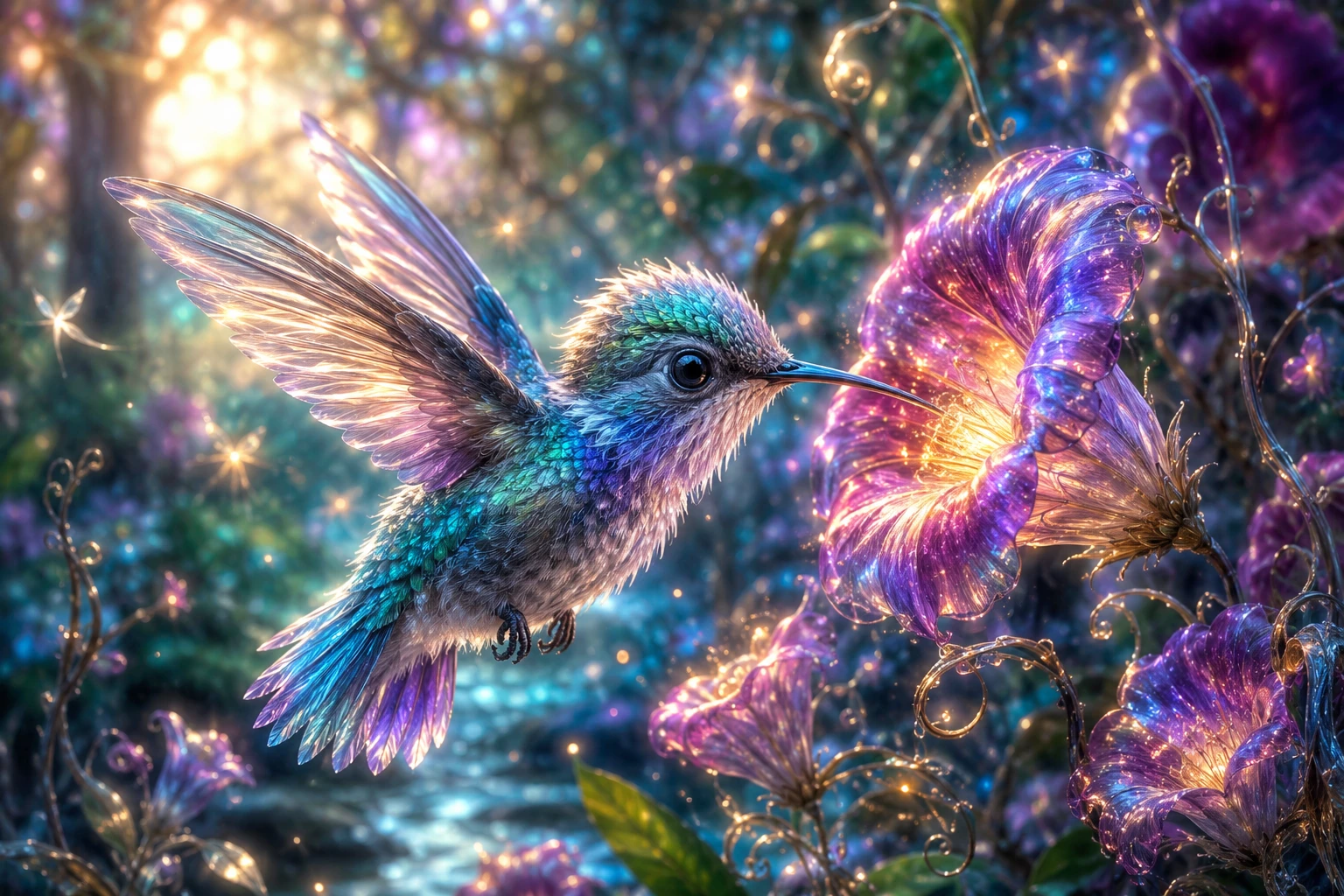 Baby-Kolibri bei leuchtenden Blumen in einer verzauberten Lichtung