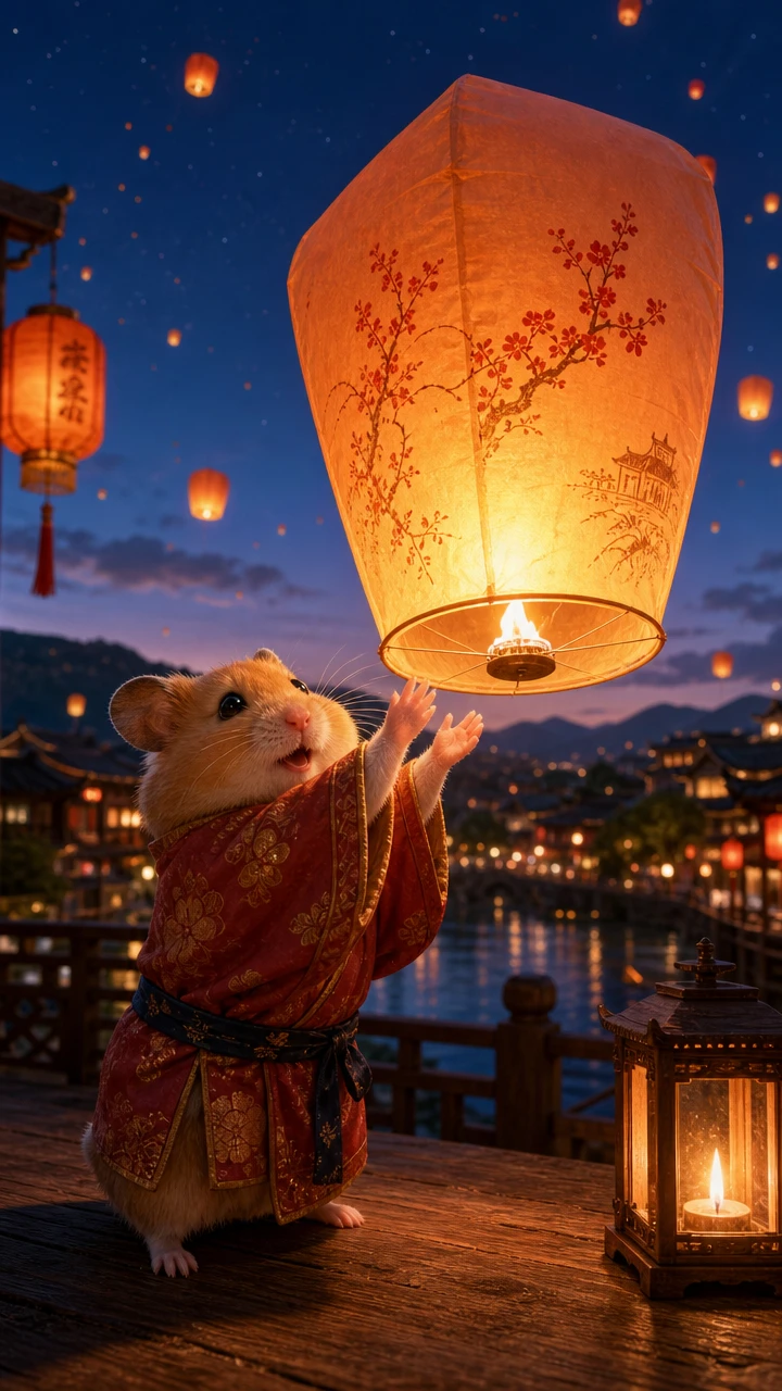 Adorable hamster doré en kimono avec lanterne au crépuscule