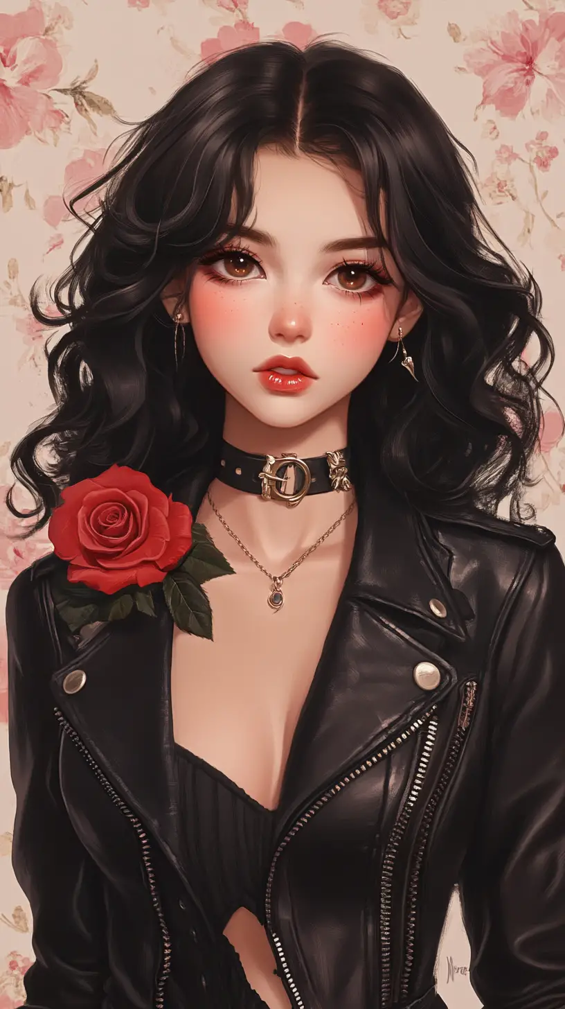Gothic-Anime-Mädchen in Lederjacke mit roter Rose