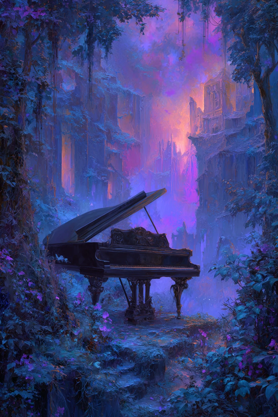 Surrealer Traum von Natur und Musikinstrumenten