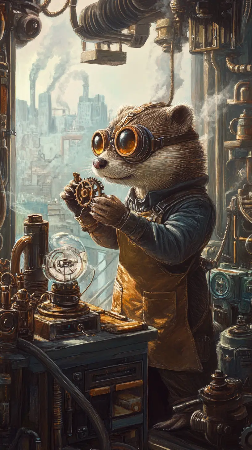 Loutre inventrice steampunk à un établi d’horlogerie encombré