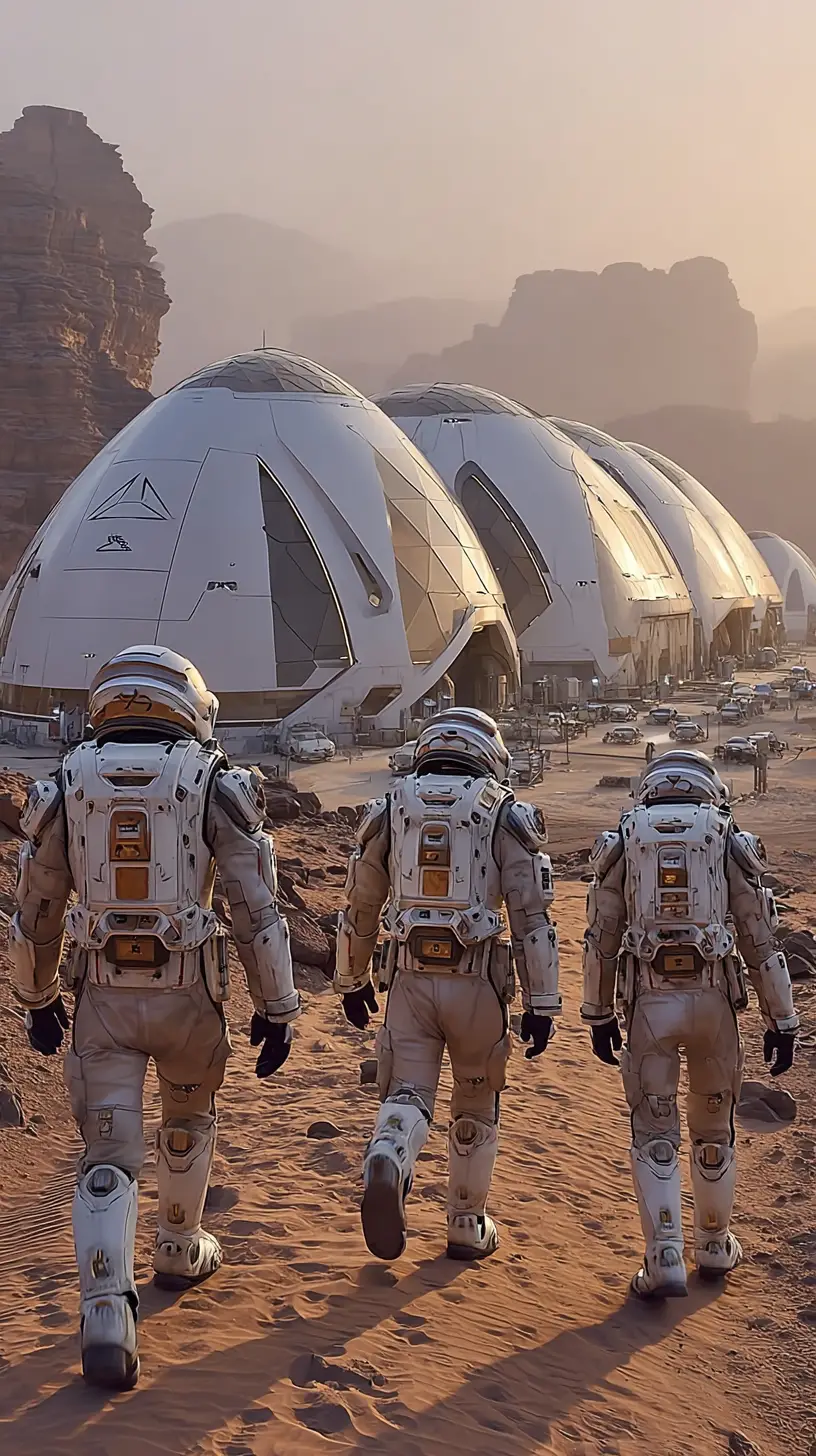 Astronauts Approach Futuristic Mars Settlement At Sunrise