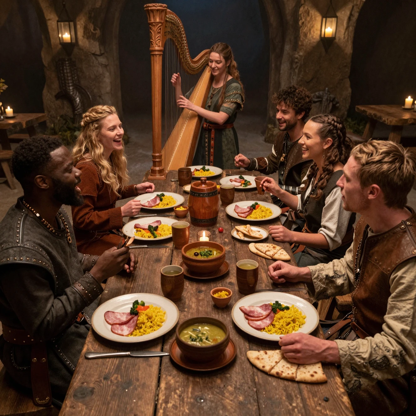 Des amis partageant un festin dans une taverne fantastique la nuit