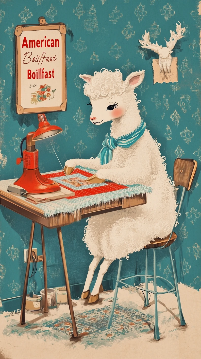 Corderito de dibujos animados vintage cosiendo una colorida colcha de retazos