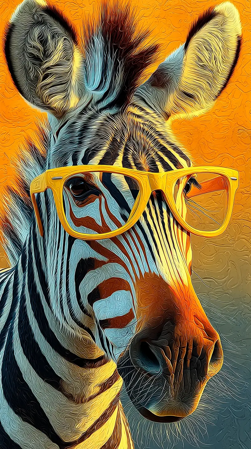 Zebra mit gelber Brille in einem modernen Wohnzimmer