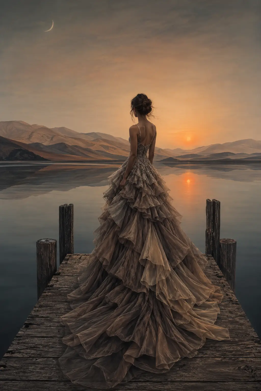 Femme élégante en robe de soirée à volants au bord d’un lac paisible