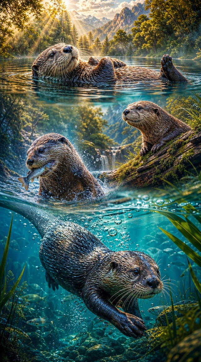 Otter treibt friedlich auf einem sonnendurchfluteten Bergsee