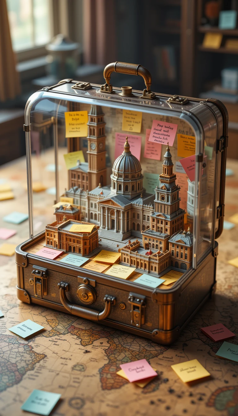 Transparent steampunk suitcase with floating notes and miniatures