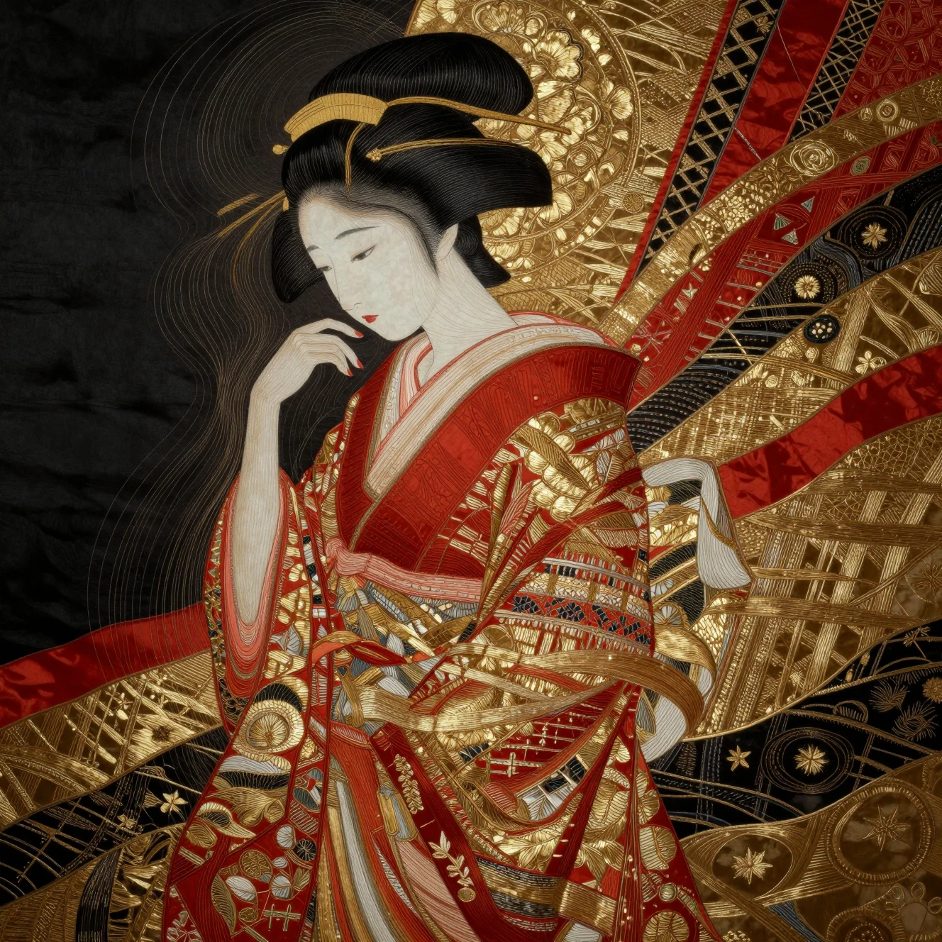 Melancholisches Geisha-Porträt in kunstvoller japanischer Textilkunst