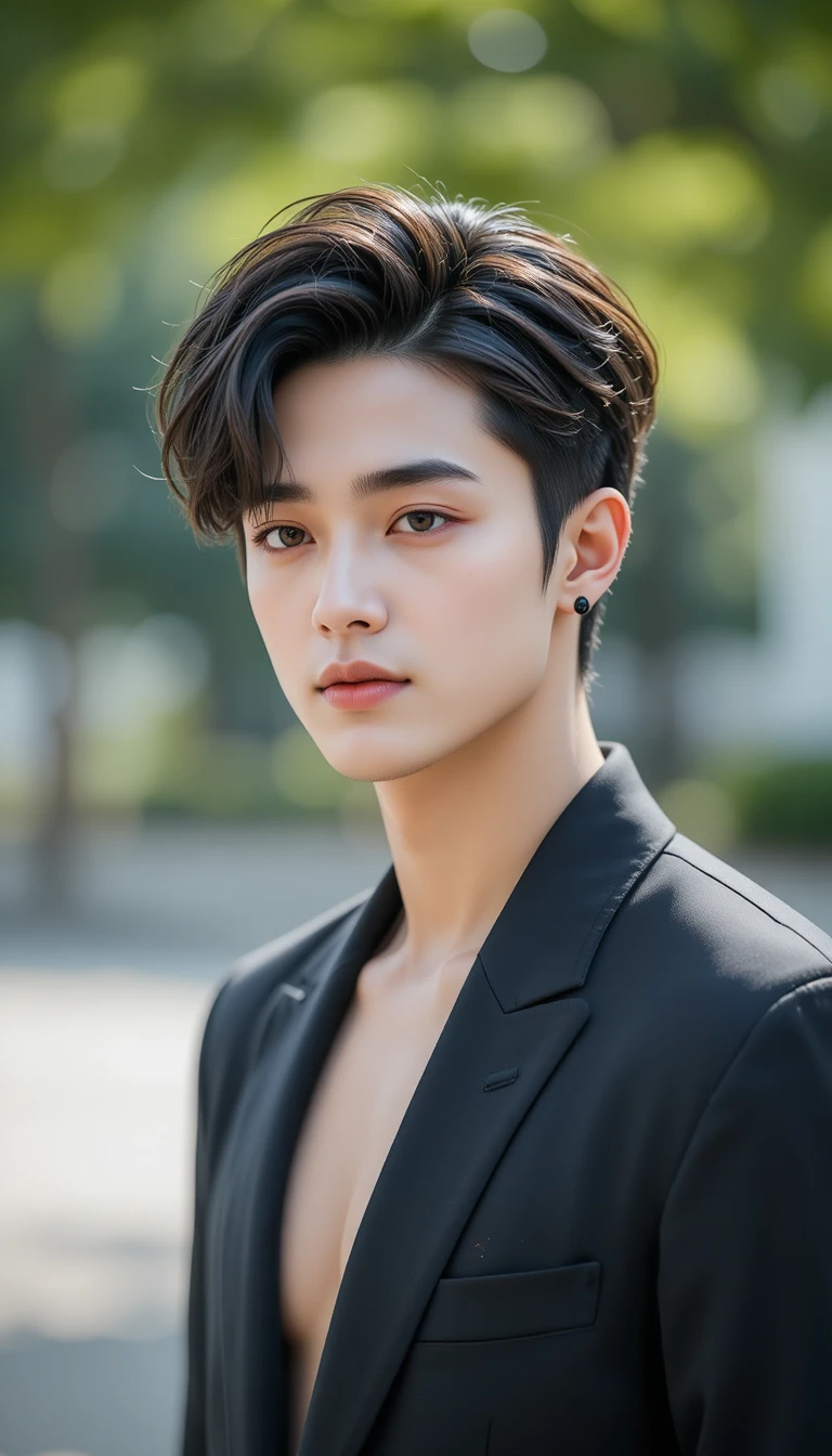 Jovem coreano estiloso em retrato ao ar livre