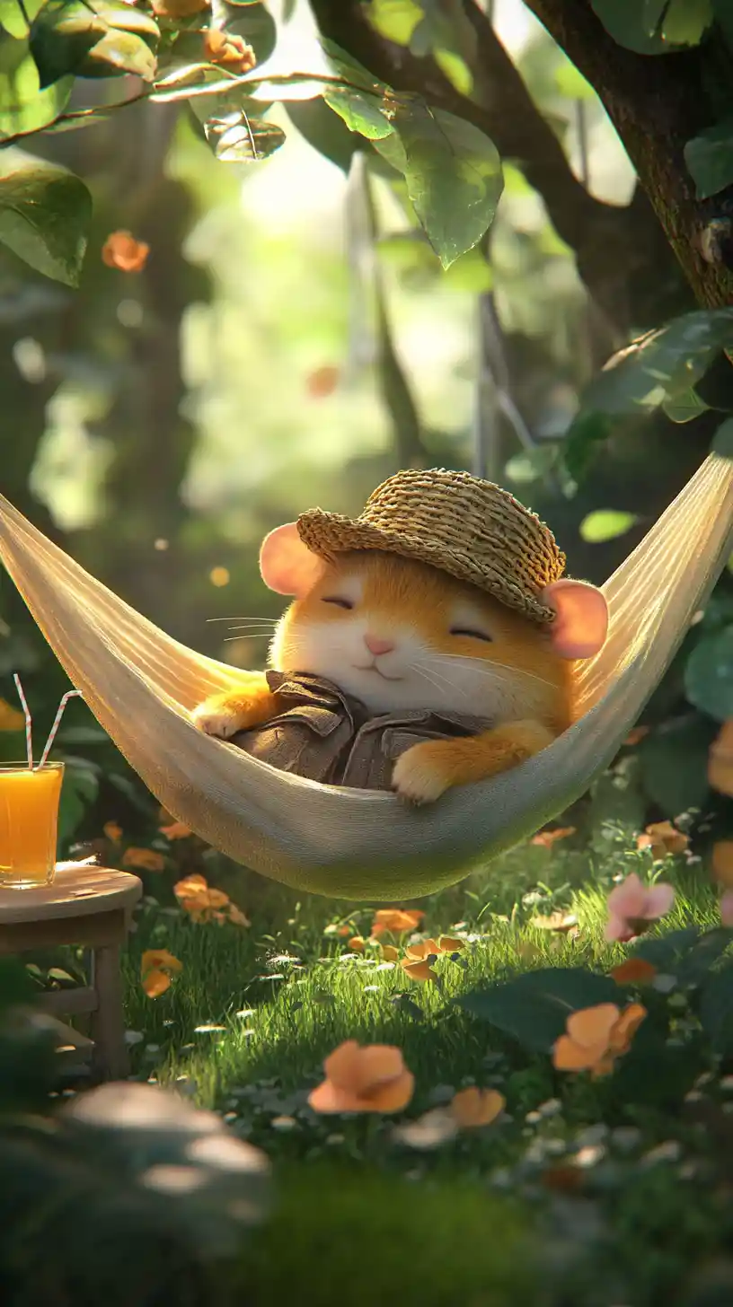Sleepy hamster in a hammock in a sunny garden