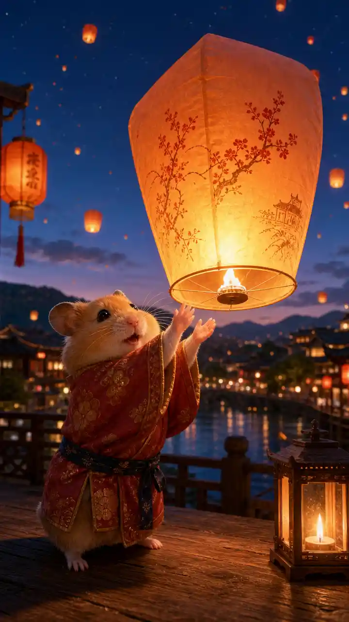 Dolce criceto dorato in kimono con lanterna al crepuscolo