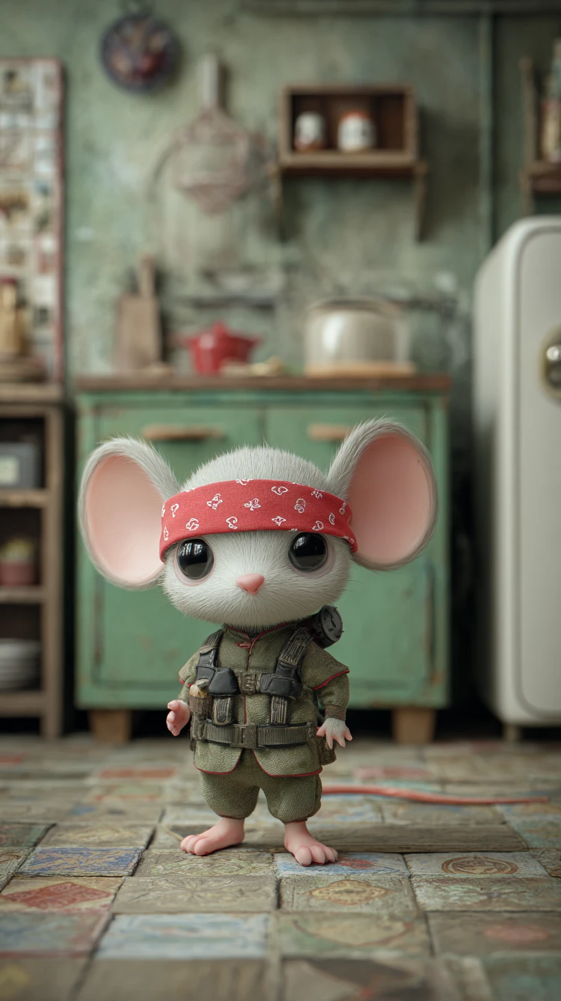 Adorable petite souris déguisée en mini héros d’action dans la cuisine