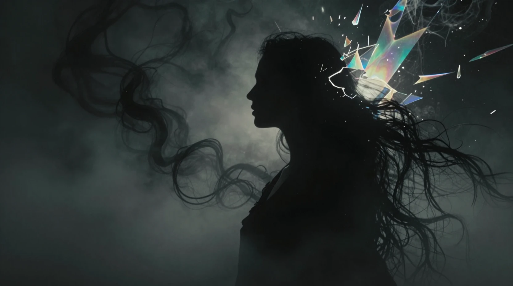 Silhouette di una donna che si dissolve nella luce della tempesta