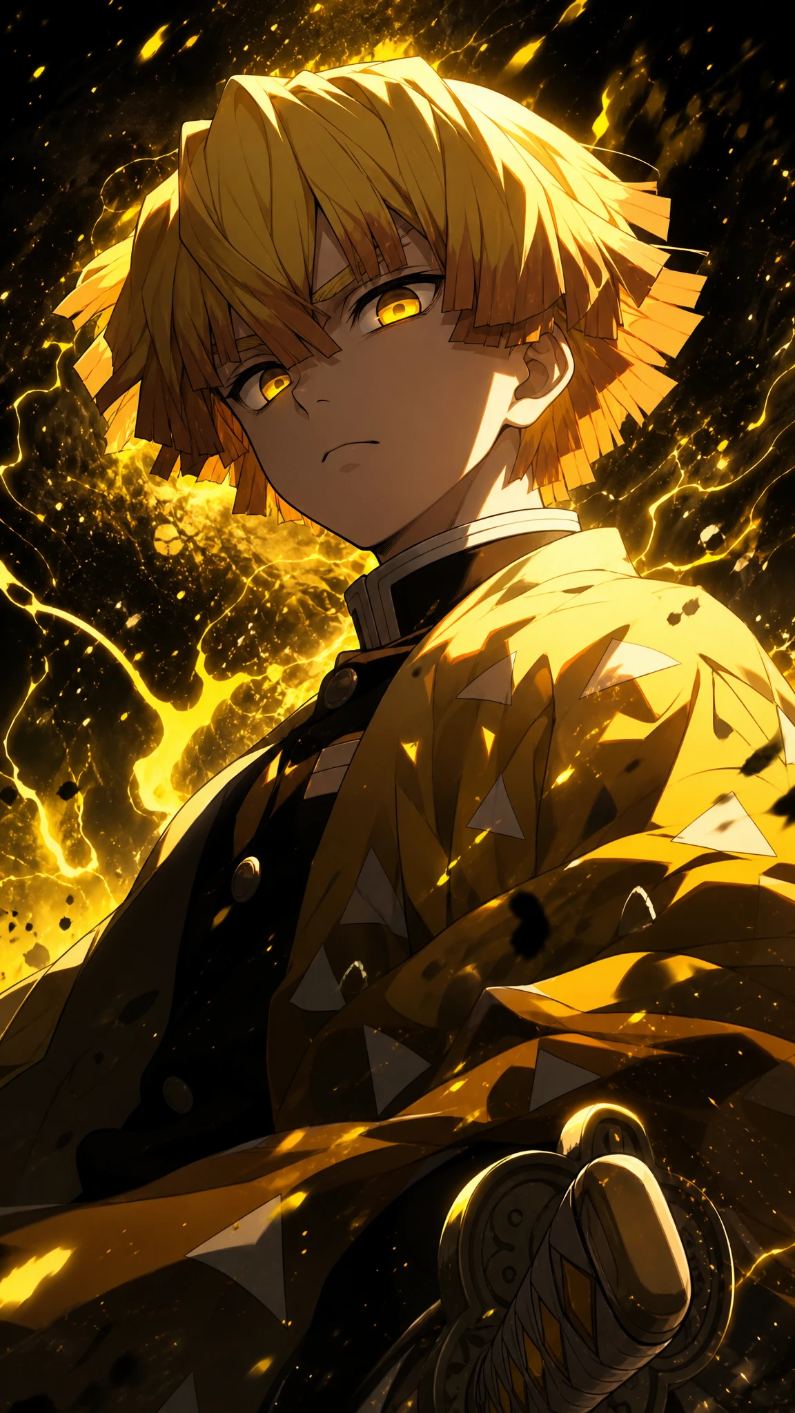 Guerreiro de anime em energia dourada contra vazio abstrato escuro
