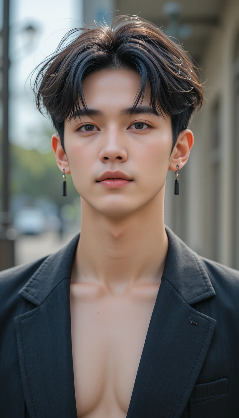 Joven coreano elegante en retrato exterior de medio cuerpo