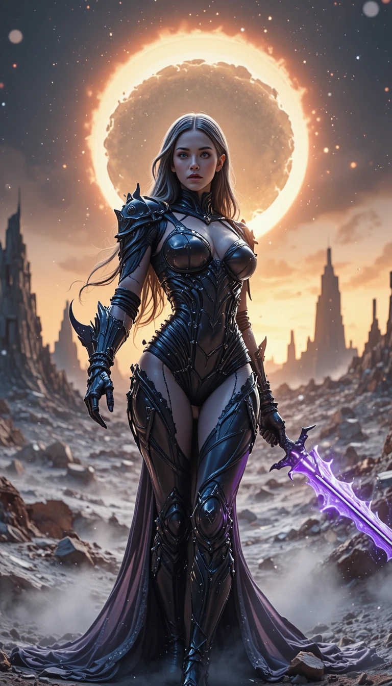 Paladina sombria com lâmina rúnica violeta sob um eclipse