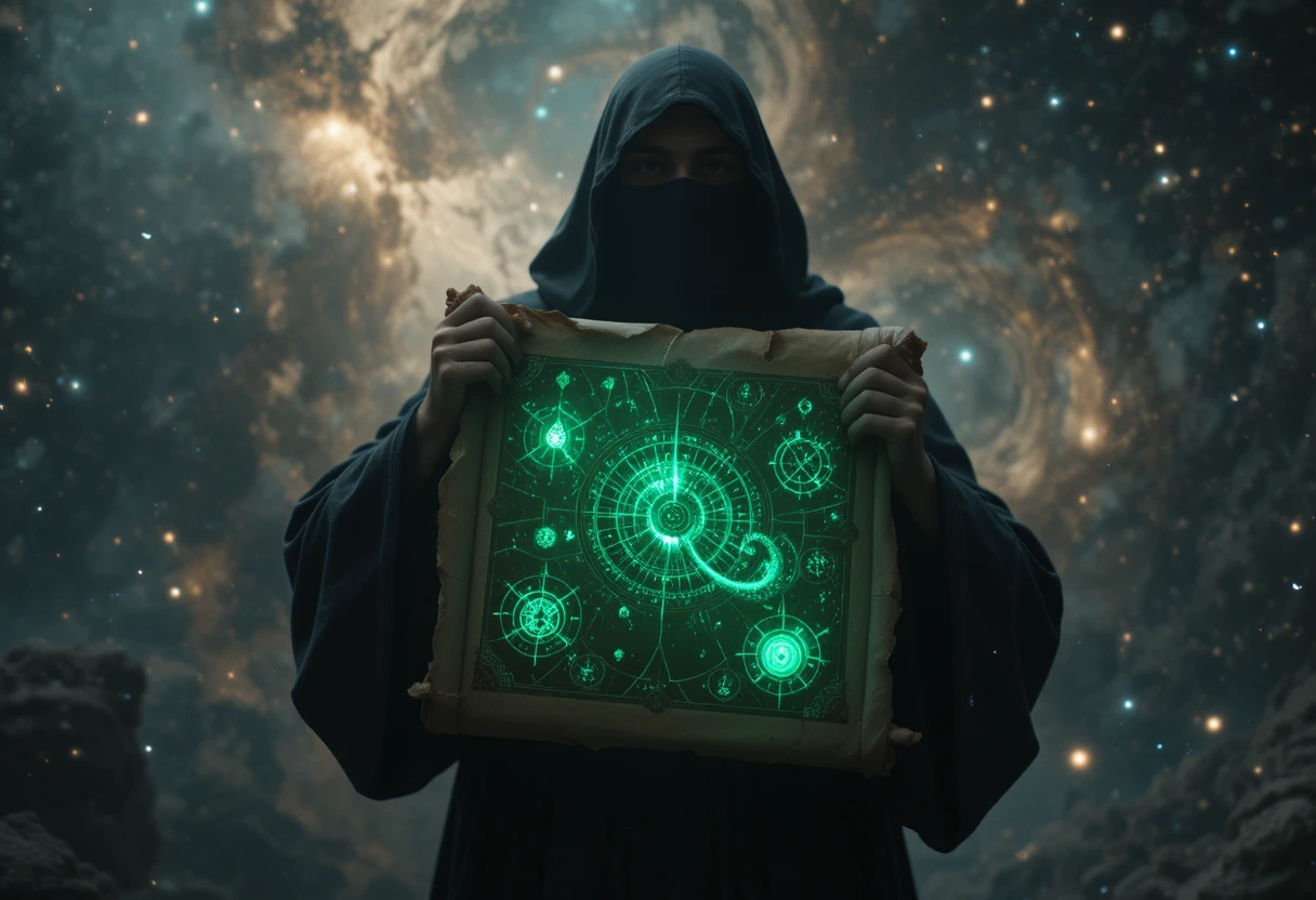 Monaco oscuro con pergamena luminosa in un profondo vuoto cosmico