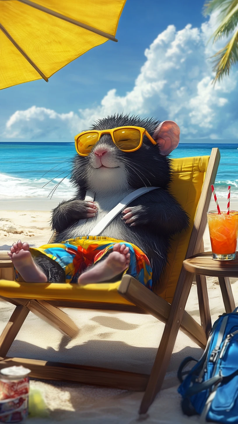 Rongeur de dessin animé détendu allongé sur une plage ensoleillée