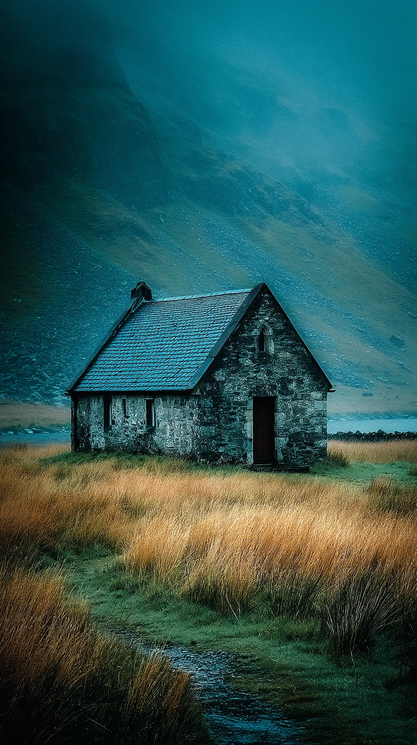 Capilla rural entre niebla y pradera en suave luz de la mañana