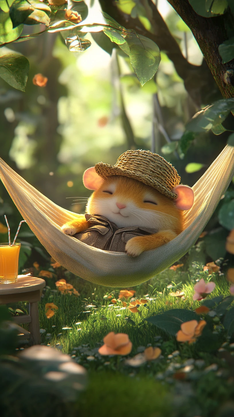 Hamster endormi dans un hamac dans un jardin ensoleillé