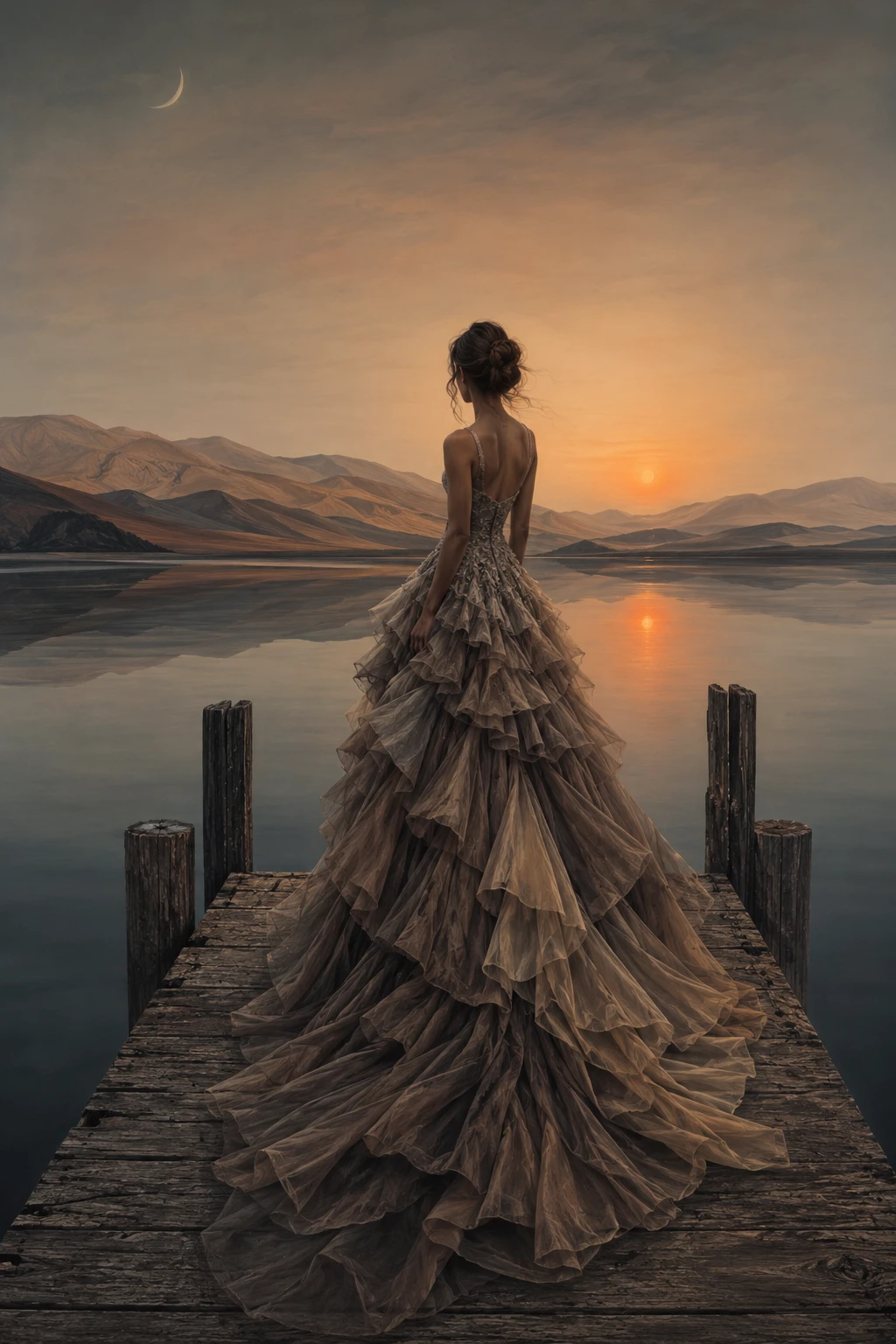 Elegante Frau in einem Rüschen-Abendkleid an einem stillen See