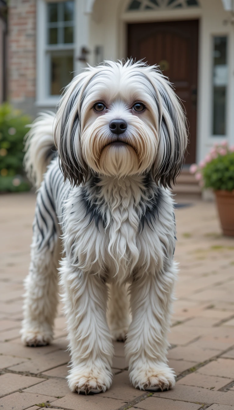 Cão maltês de pelos longos com listras de zebra ao lado de uma casa
