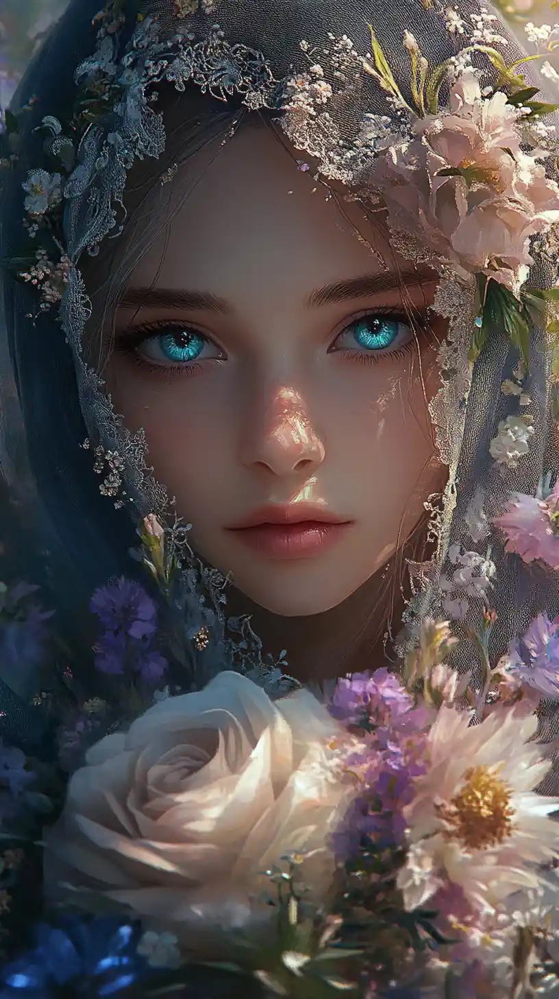Garota velada de olhos verde-azulados segurando flores em um jardim