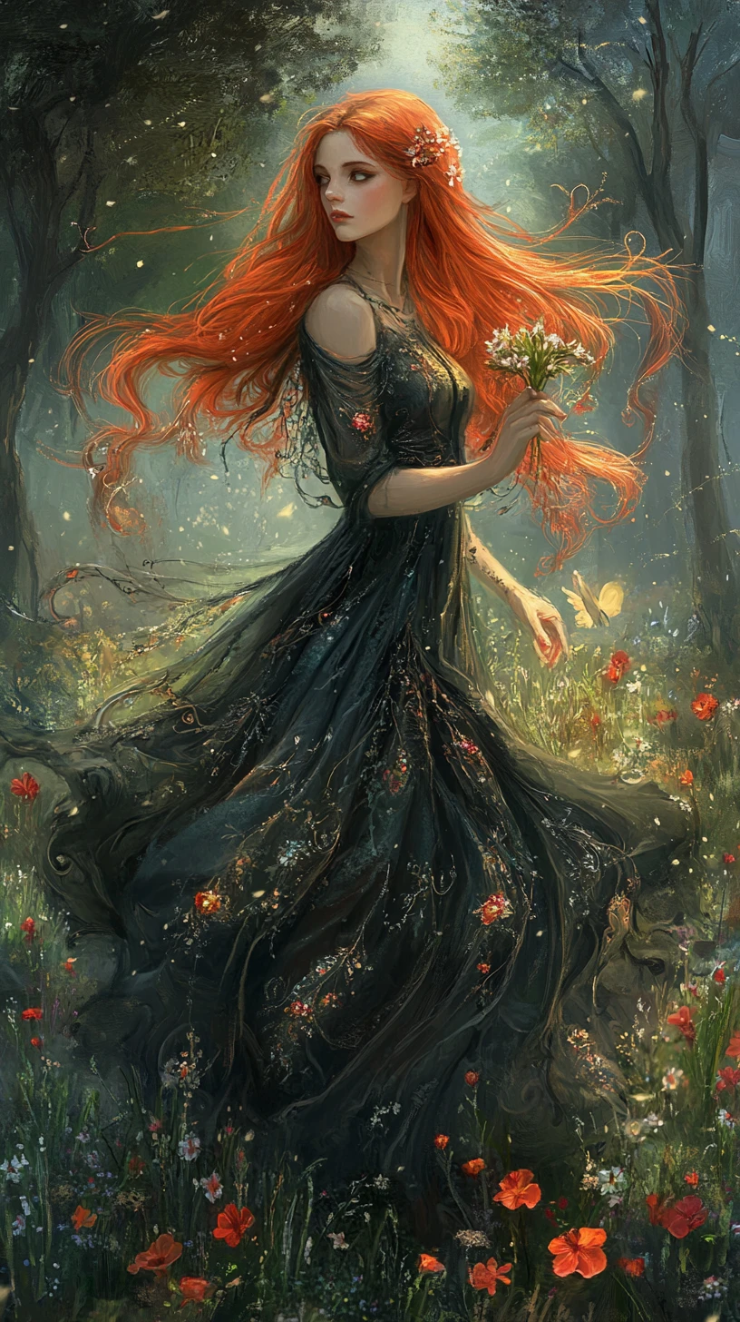 Femme rousse en style anime dans un pré fleuri et lumineux