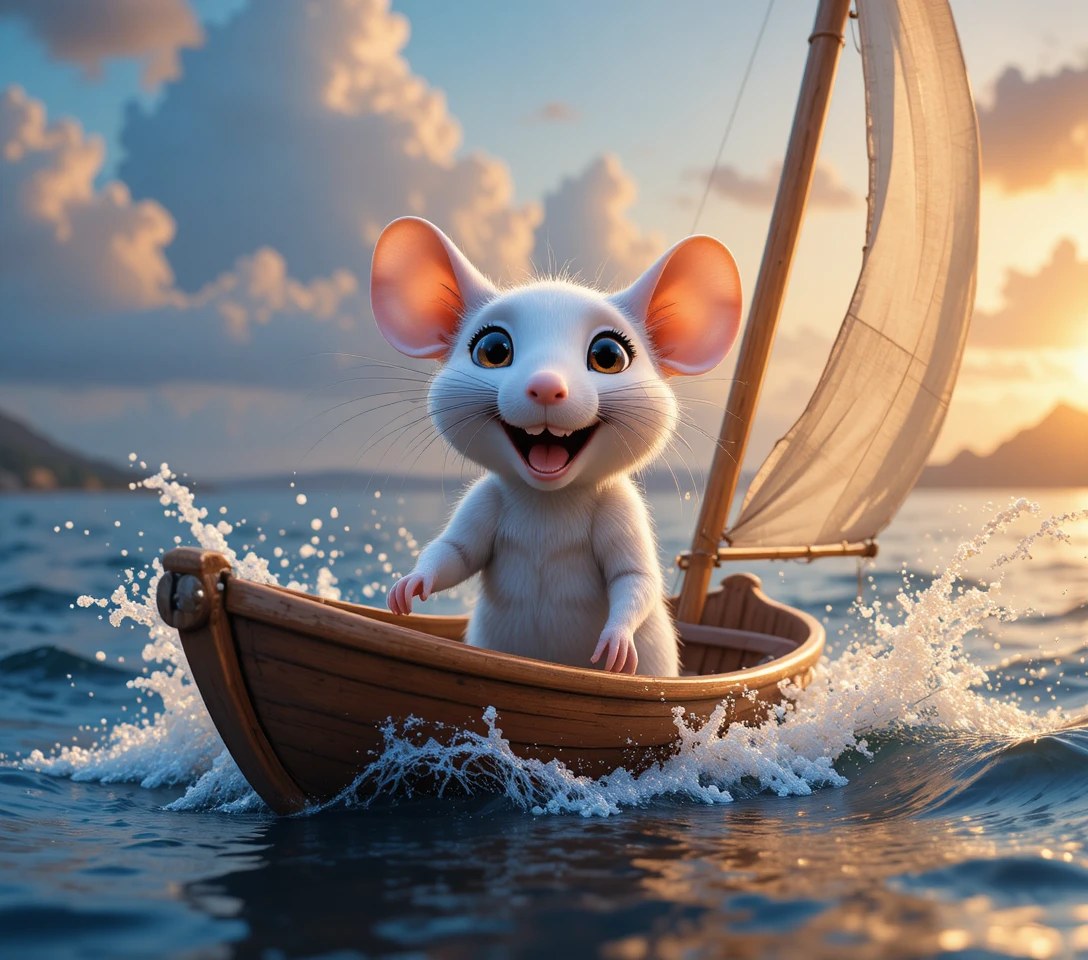 Junge weiße Maus segelt in einem Walnussschalen-Kanu bei Sonnenuntergang