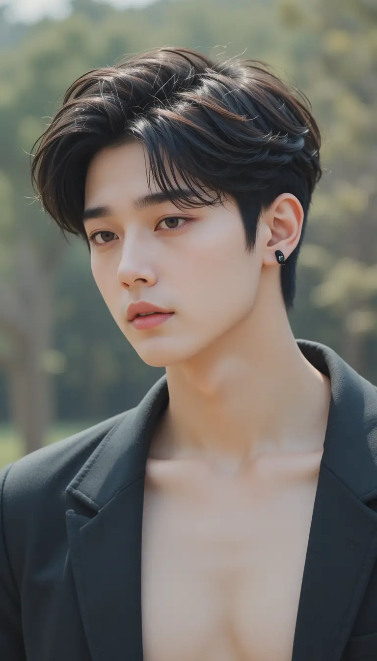 Stylish young Korean man in outdoor half body portrait