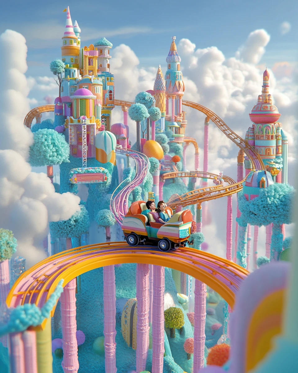 Miniature 3D illustration of a tiny amusement park scene