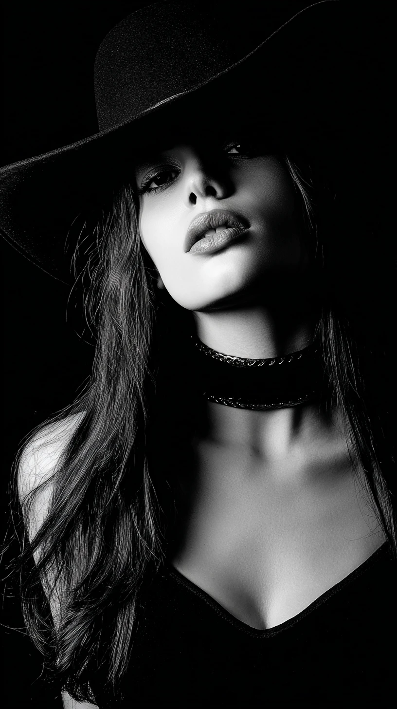 Dramatic black and white portrait of woman in cowboy hat