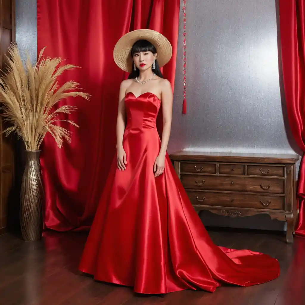 Elegant Japanese woman in scarlet satin strapless bridal gown