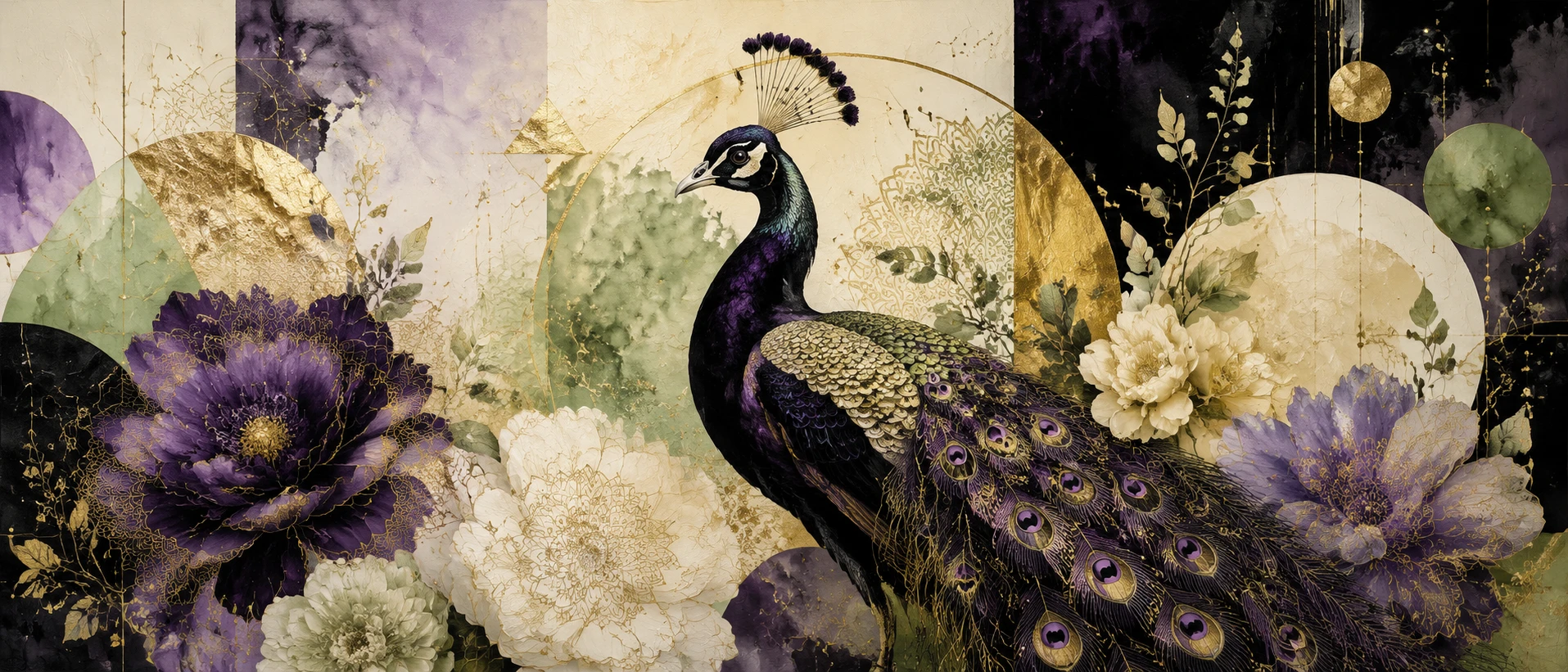 Pavão preto e violeta com ornamentos dourados e florais