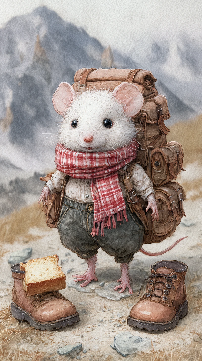 Ratinho fofinho fazendo trilha com piquenique na paisagem montanhosa