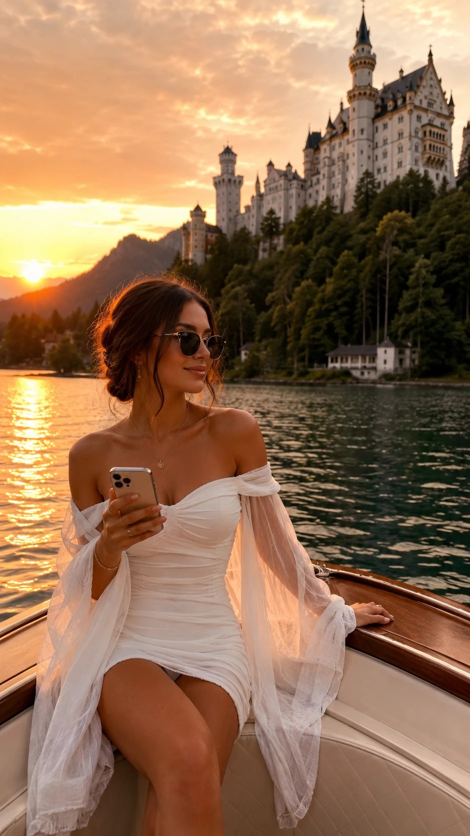 Mulher de vestido branco em barco ao pôr do sol perto de castelo alemão