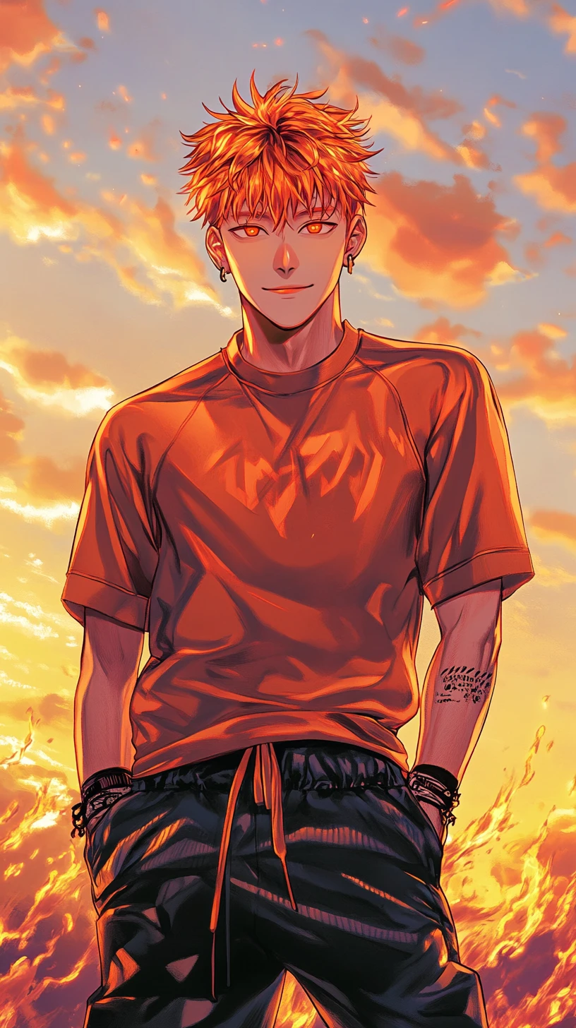 Homem de anime confiante em streetwear ao pôr do sol – ilustração