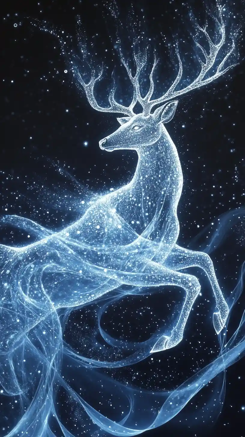 Cerf lumineux bondissant à travers un paysage surréaliste au clair de lune