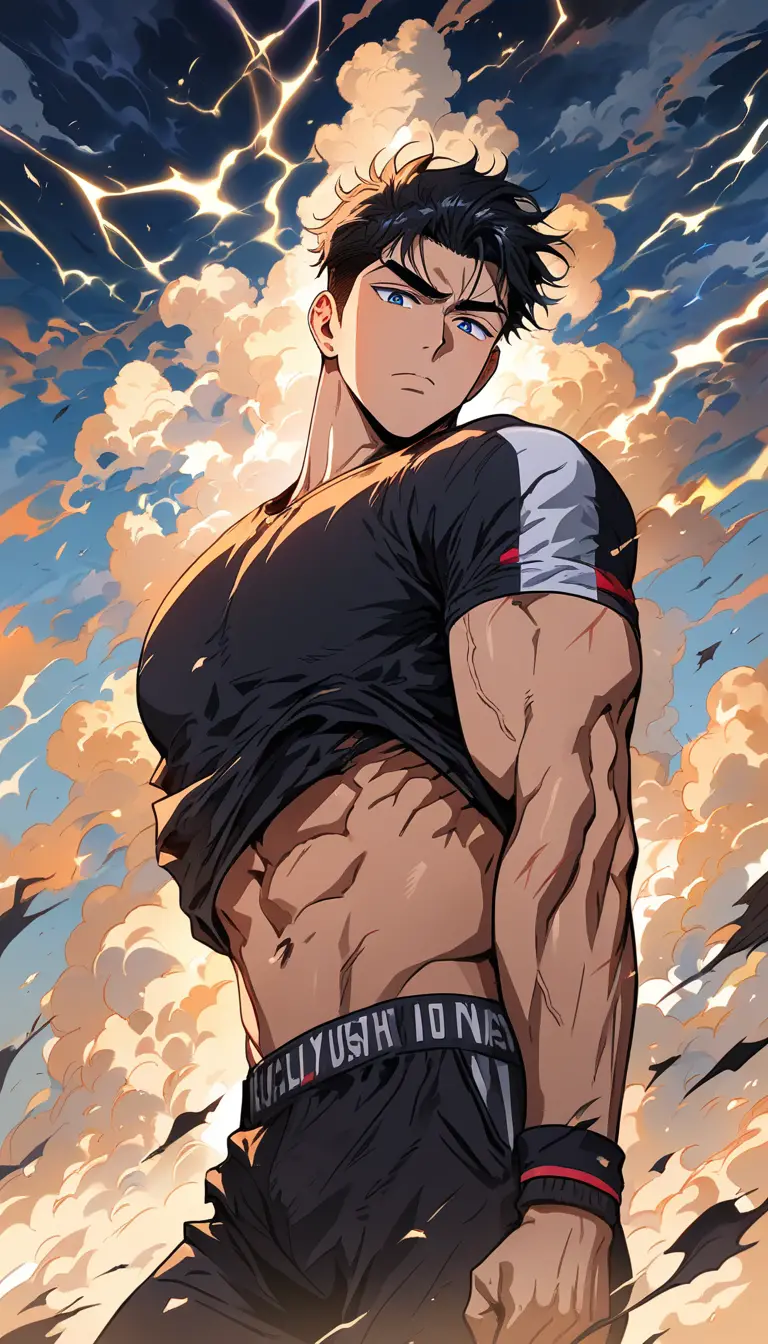 Muskulöser Mann im stürmischen Manhwa-Stil unter Blitzhimmel