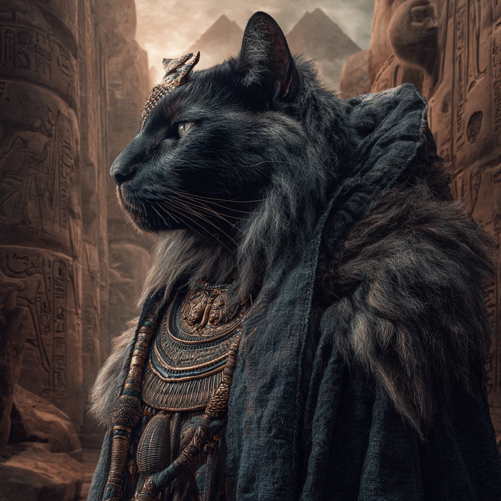 Majestoso deus gato preto caminhando pelo submundo egípcio