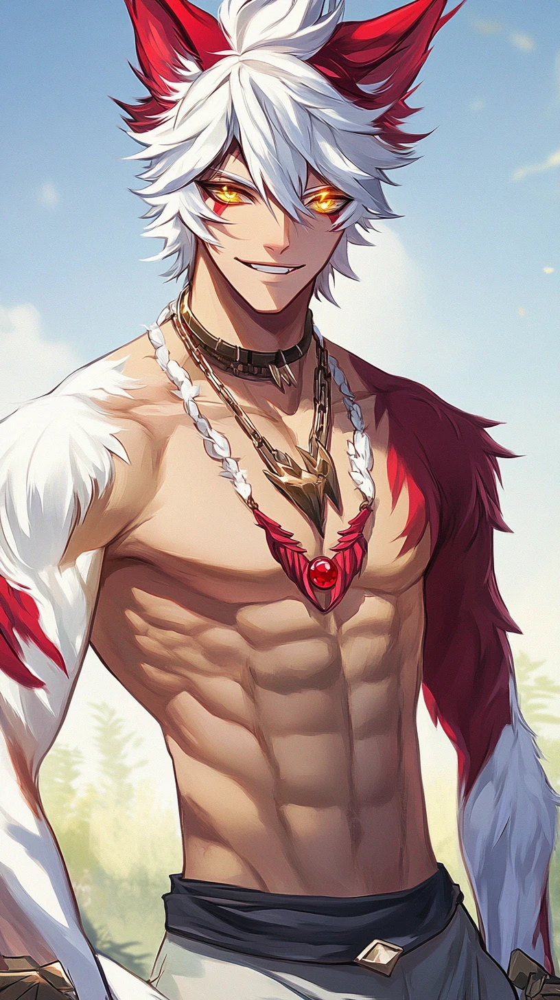 Grand homme kemonomimi en streetwear sous un ciel bleu clair