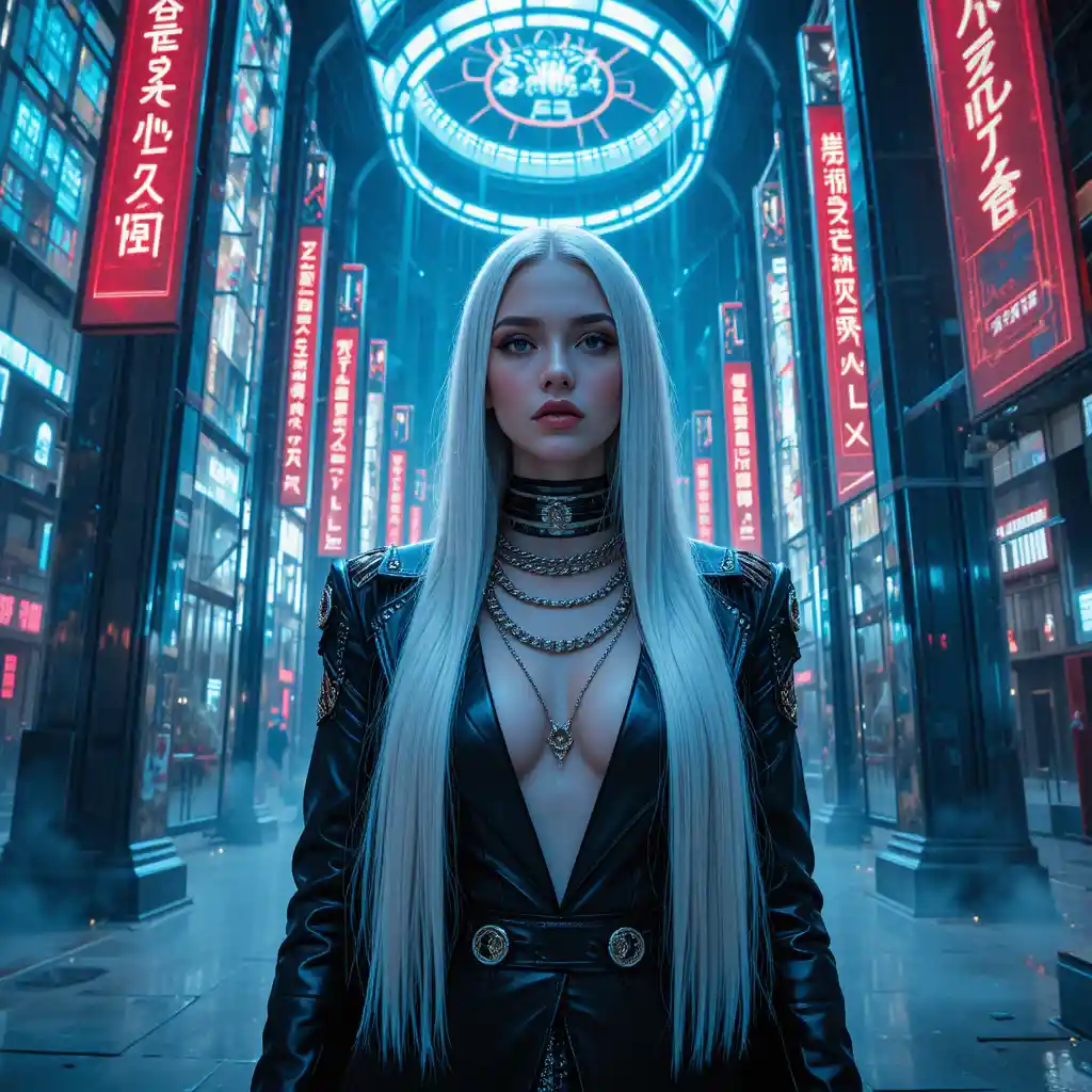 Donna cyberpunk in una futuristica cattedrale di dati olografica