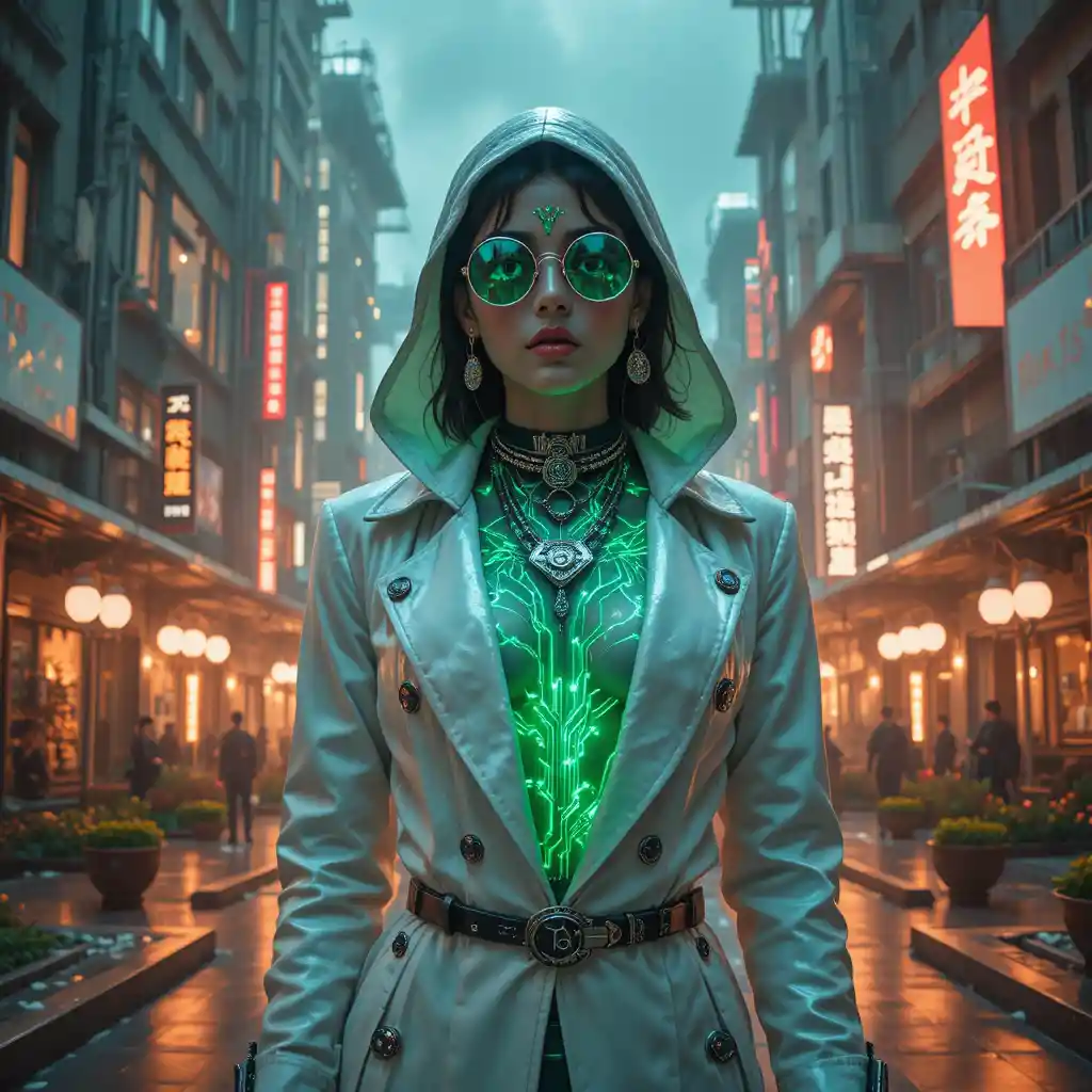 Femme fatale cyberpunk sur une place futuriste noyée de néons