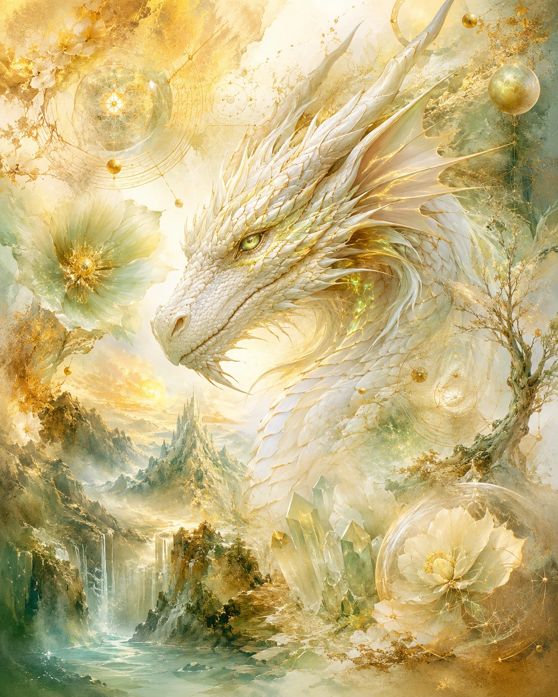 White dragon face mood board in a soft fantasy landscape