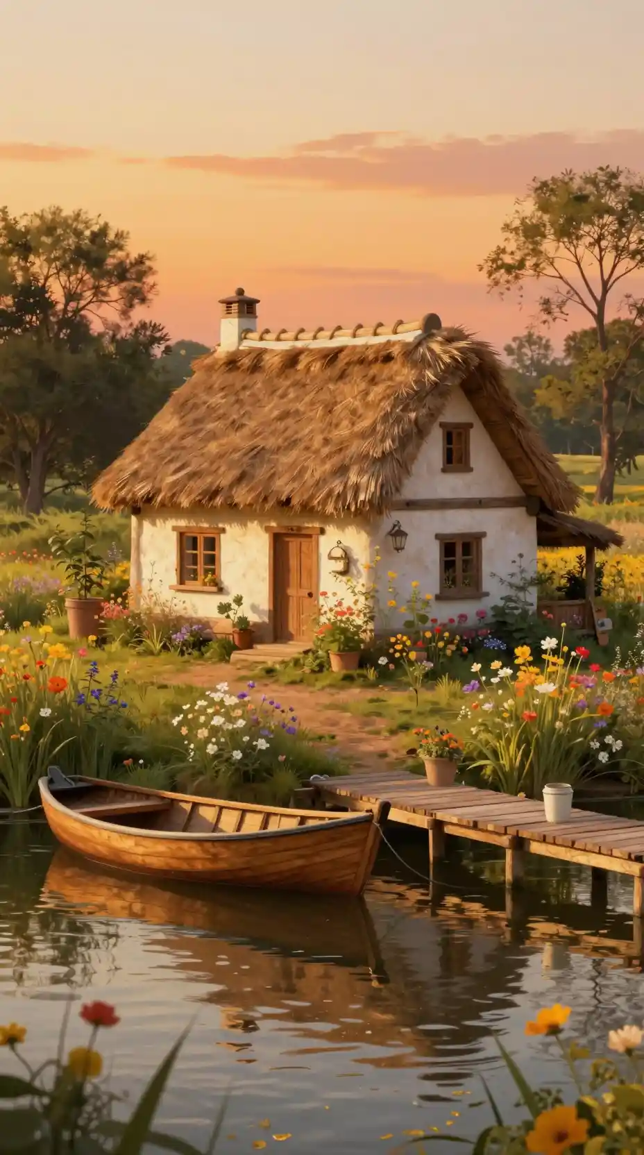 黃金時刻河畔舒適小屋幻想畫作